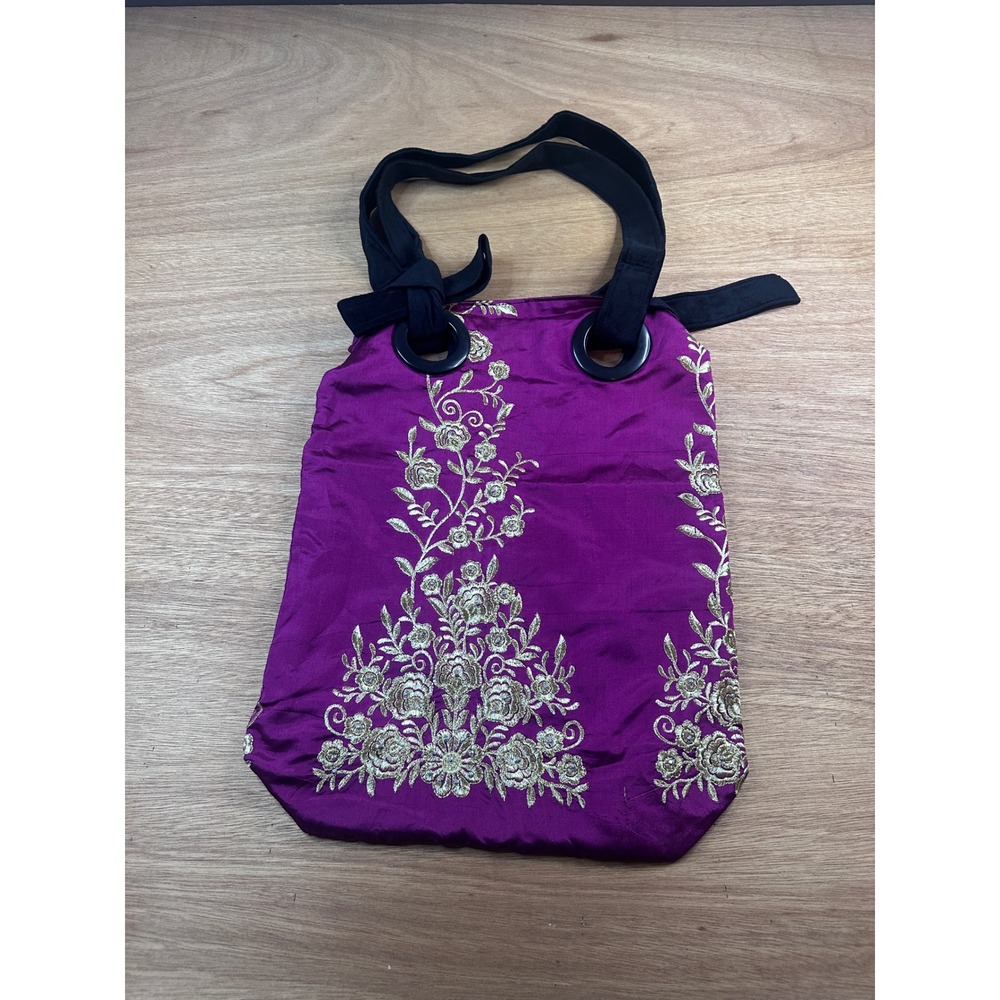 Handmade Reversible Tote Bag Black Fuchsia Gold Floral Embroidered‎ Fabric